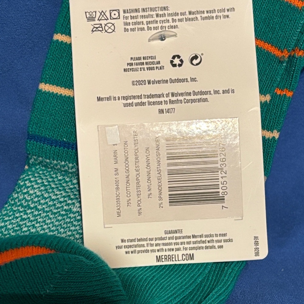 Merrell Green Socks with Orange Stripe & Black Cuff - Picture 3 of 3